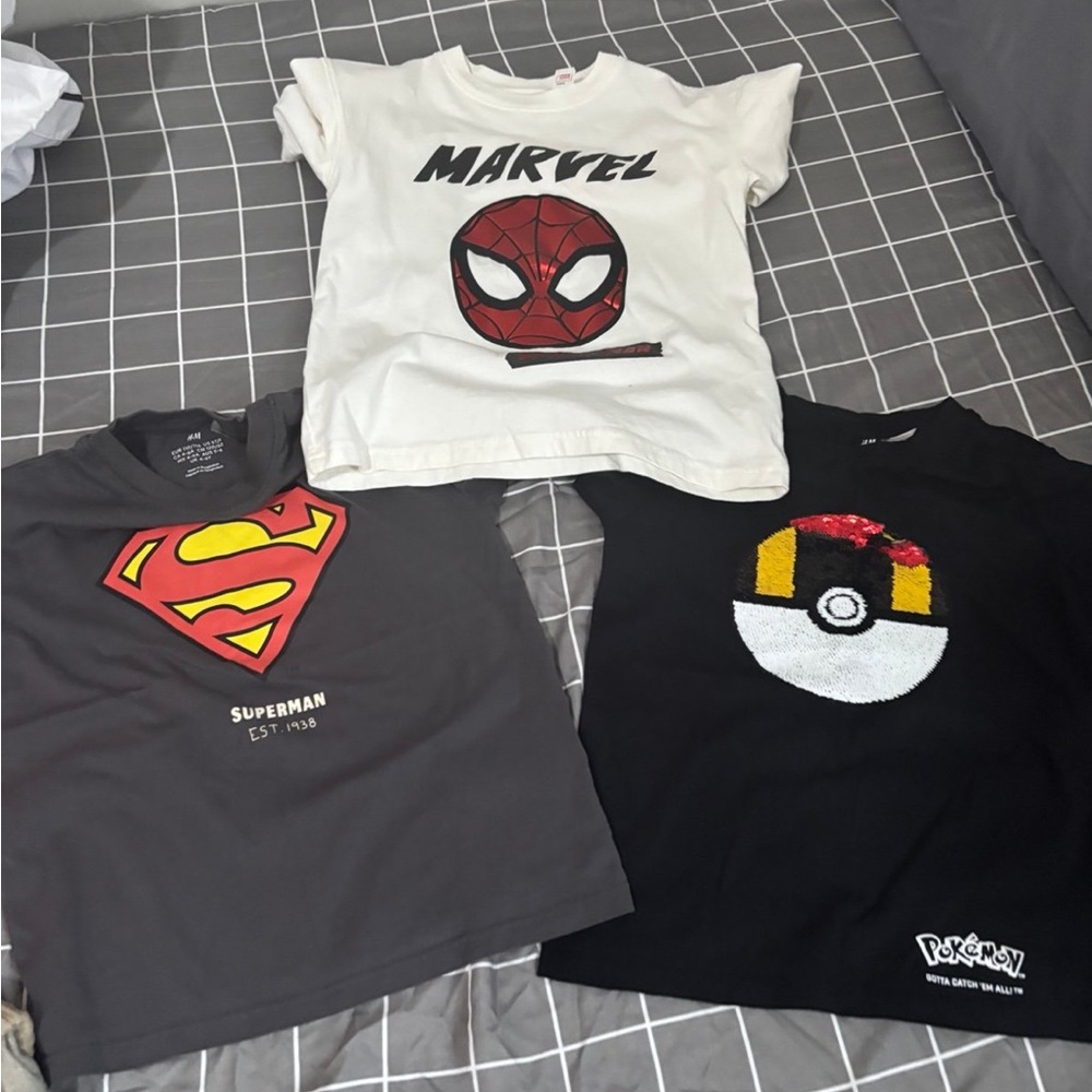 H&M Kids Marvel, Superman, and Pokémon Tees - White, Black, Gray